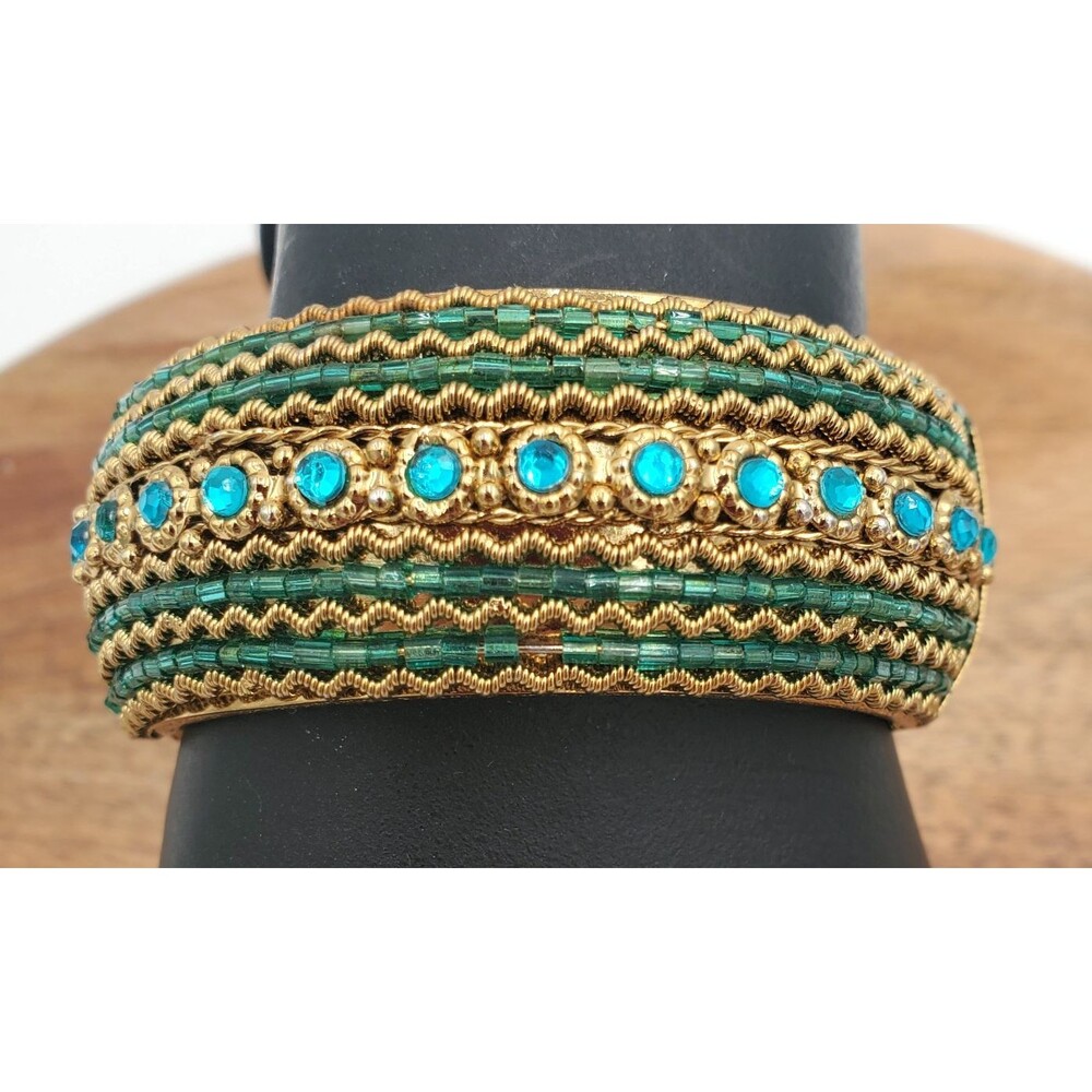 Vtg Gold Tone Hinged Cuff Bangle Bracelet Bright Blue Rhinestones Wide Stunning